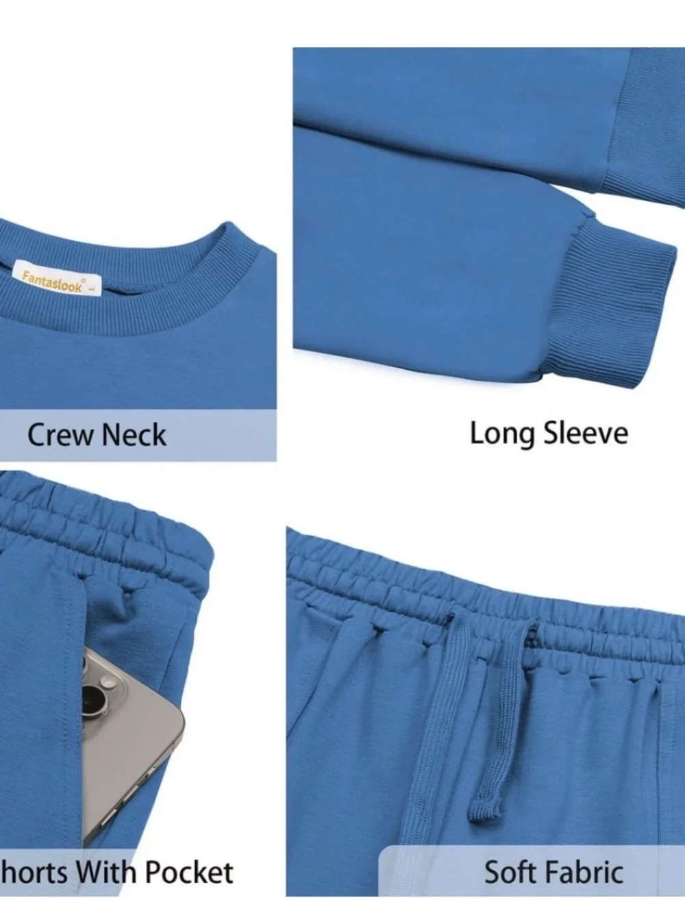 Fantaslook Blue Two Piece Sweatshirt Shorts Lounge Set Medium
